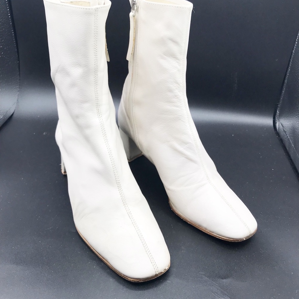Zara White Leather Mid-Calf Heeled Boots